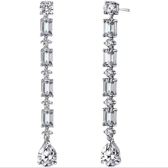Long Silver Zircon Dangle Earrings - Picture 4 of 7